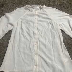 LC Lauren Conrad White Button-Up Blouse with Lace Detail